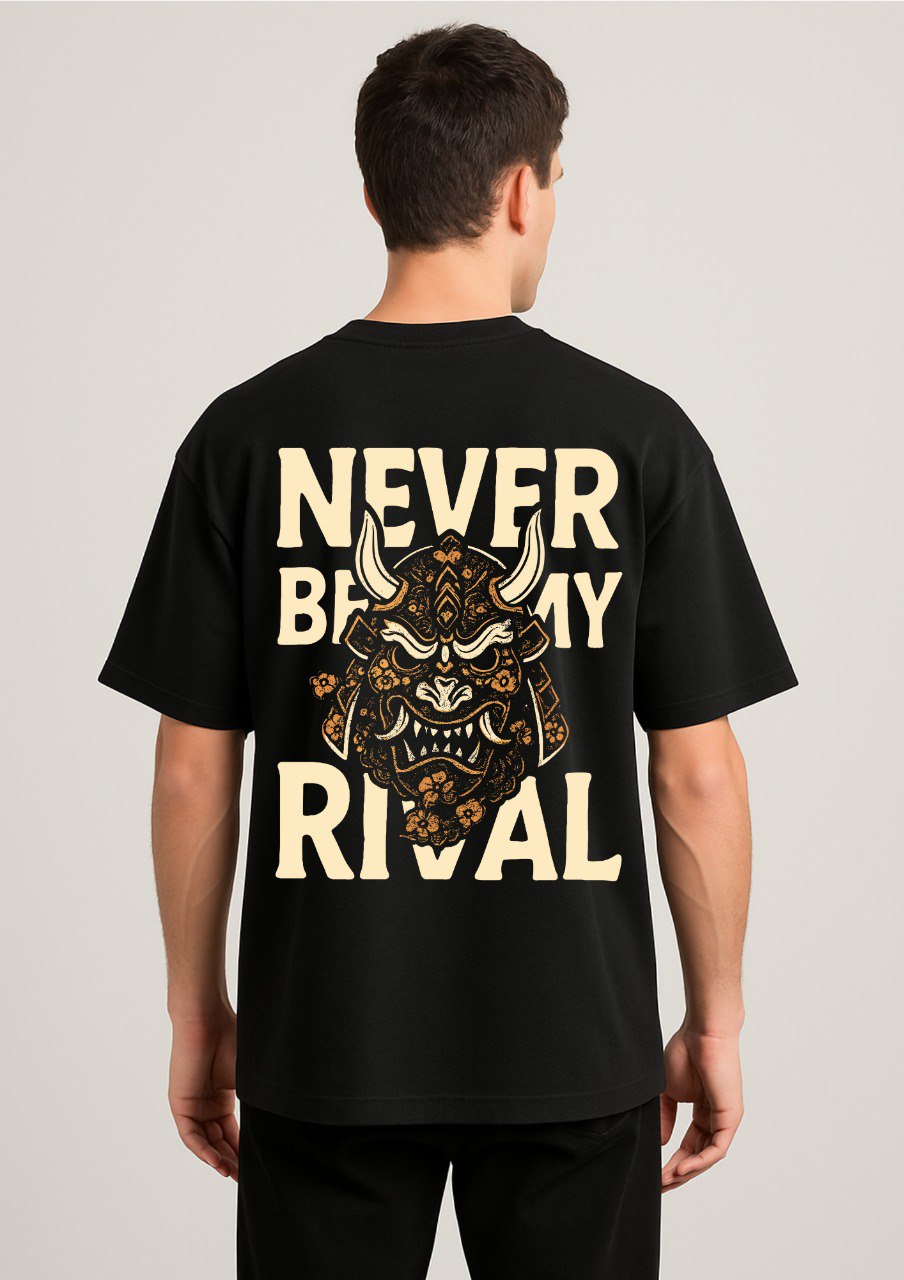 "NEVER BE MY RIVAL" Samurai Mask Oversized Black T-Shirt