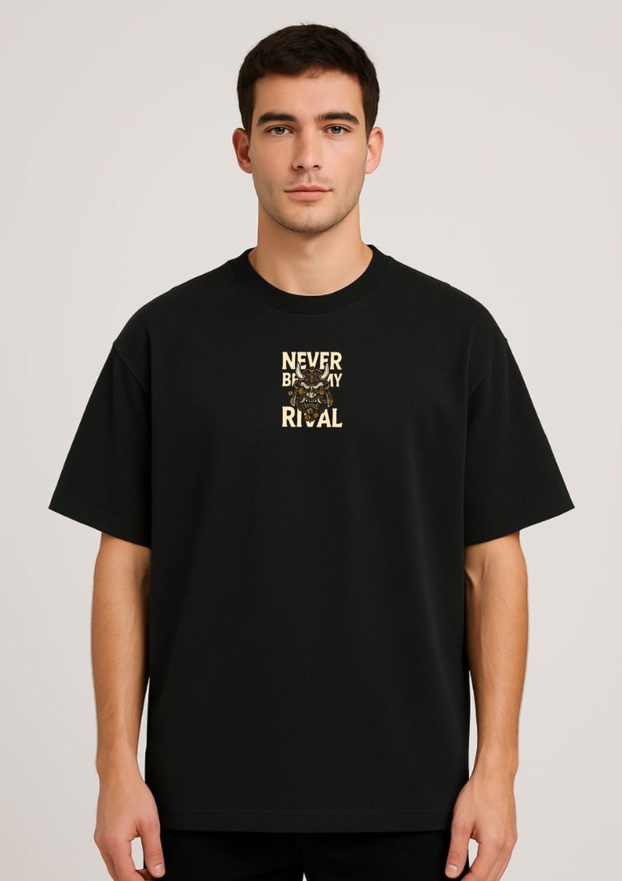"NEVER BE MY RIVAL" Samurai Mask Oversized Black T-Shirt