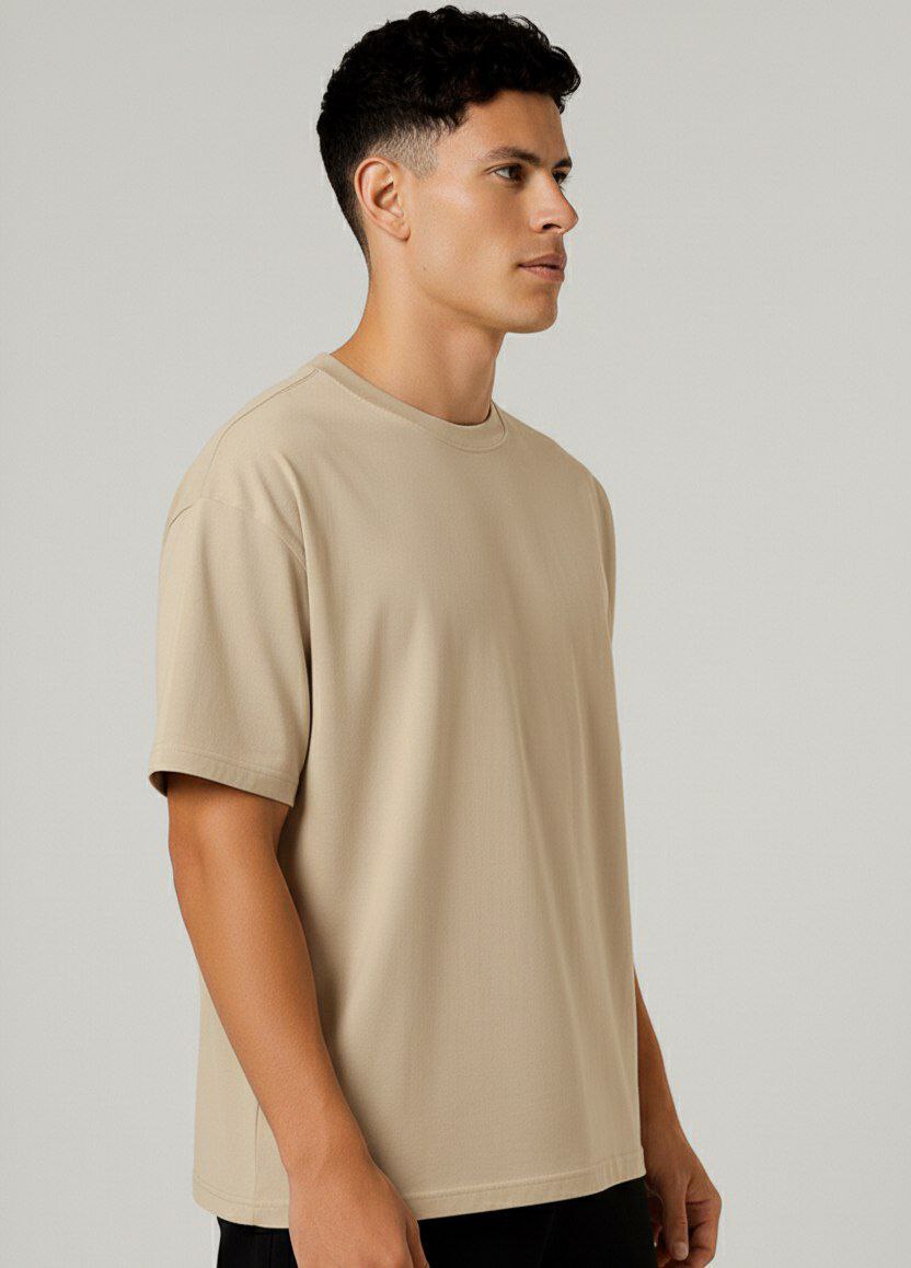 Beige Plain Down Shoulder T-Shirt