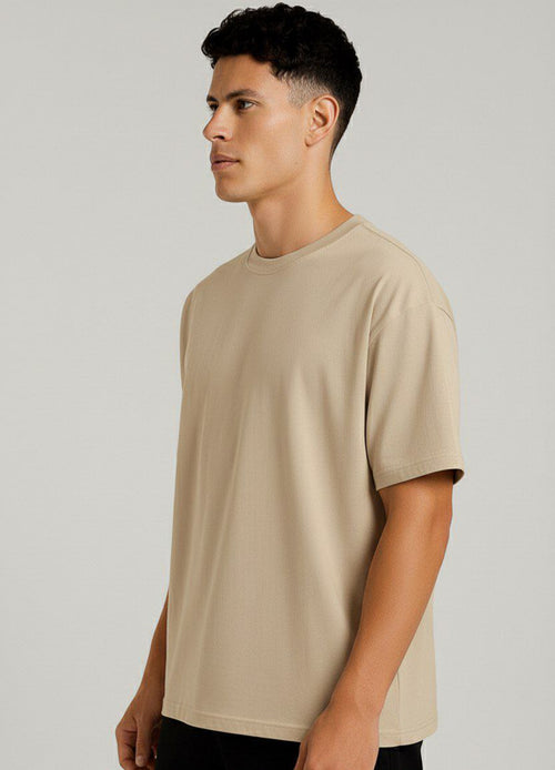 Beige Plain Down Shoulder T-Shirt