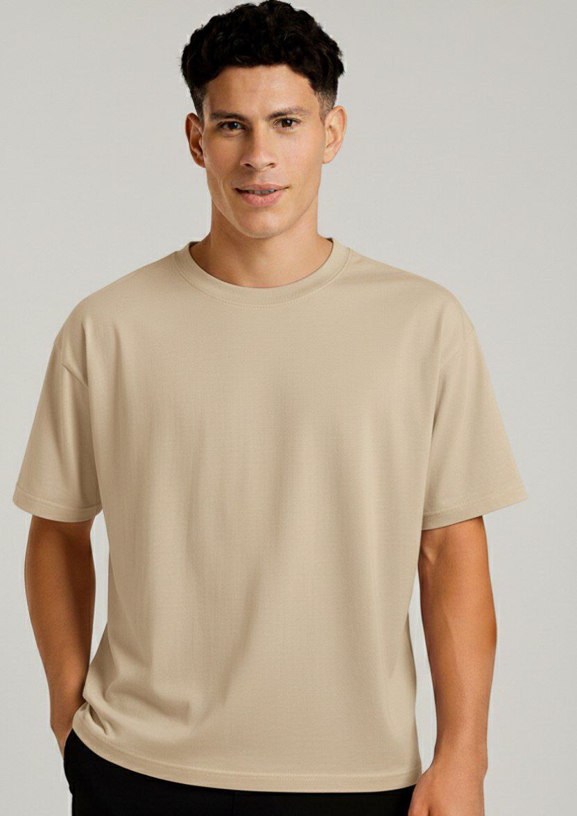 Beige Plain Down Shoulder T-Shirt