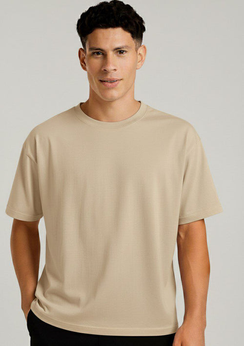 Beige Plain Down Shoulder T-Shirt
